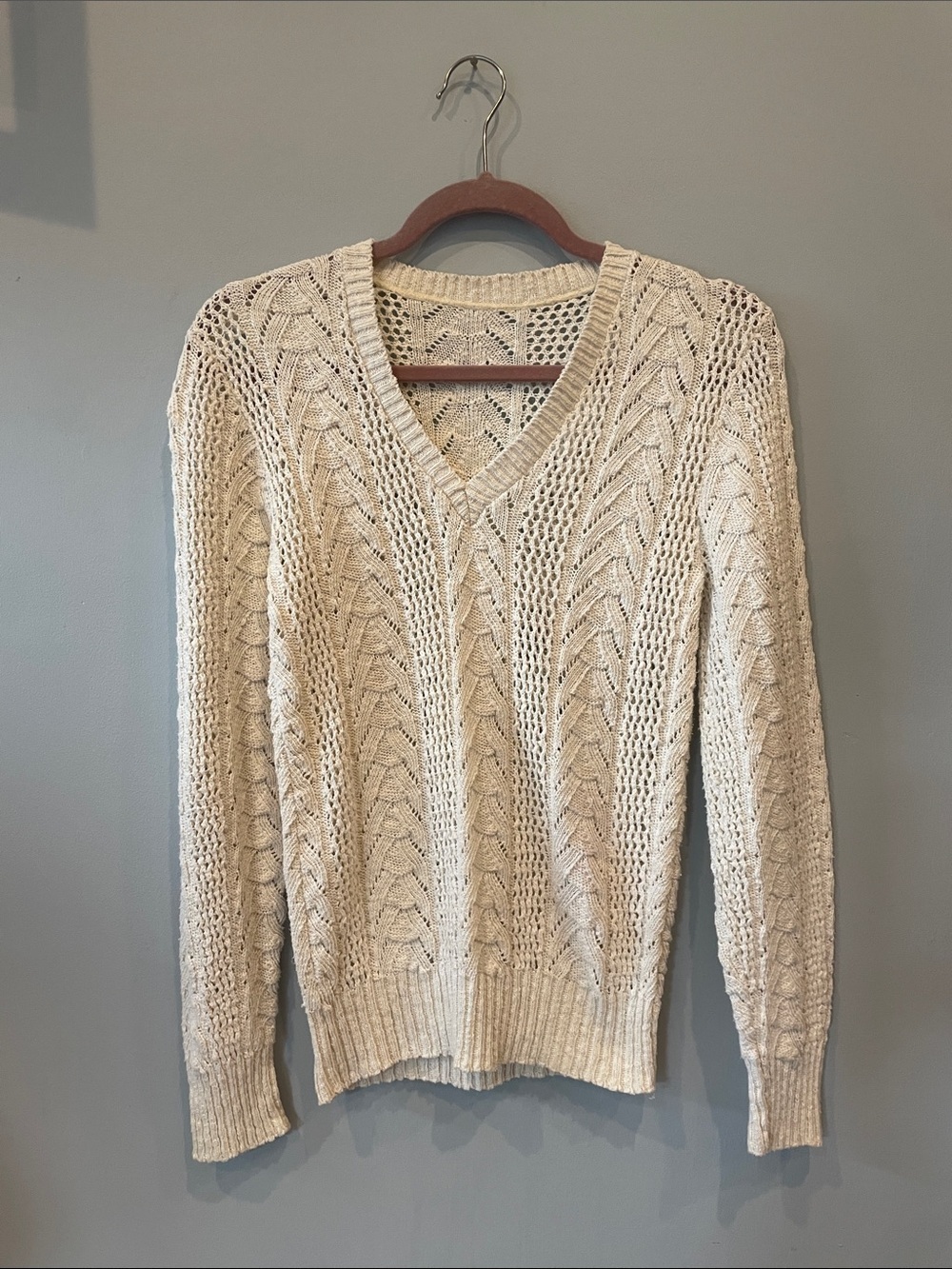 Beige cable knit v- neck sweater